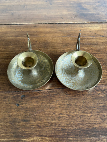 Vintage Brass Etched Floral Candle Holder Pair - Made in India
