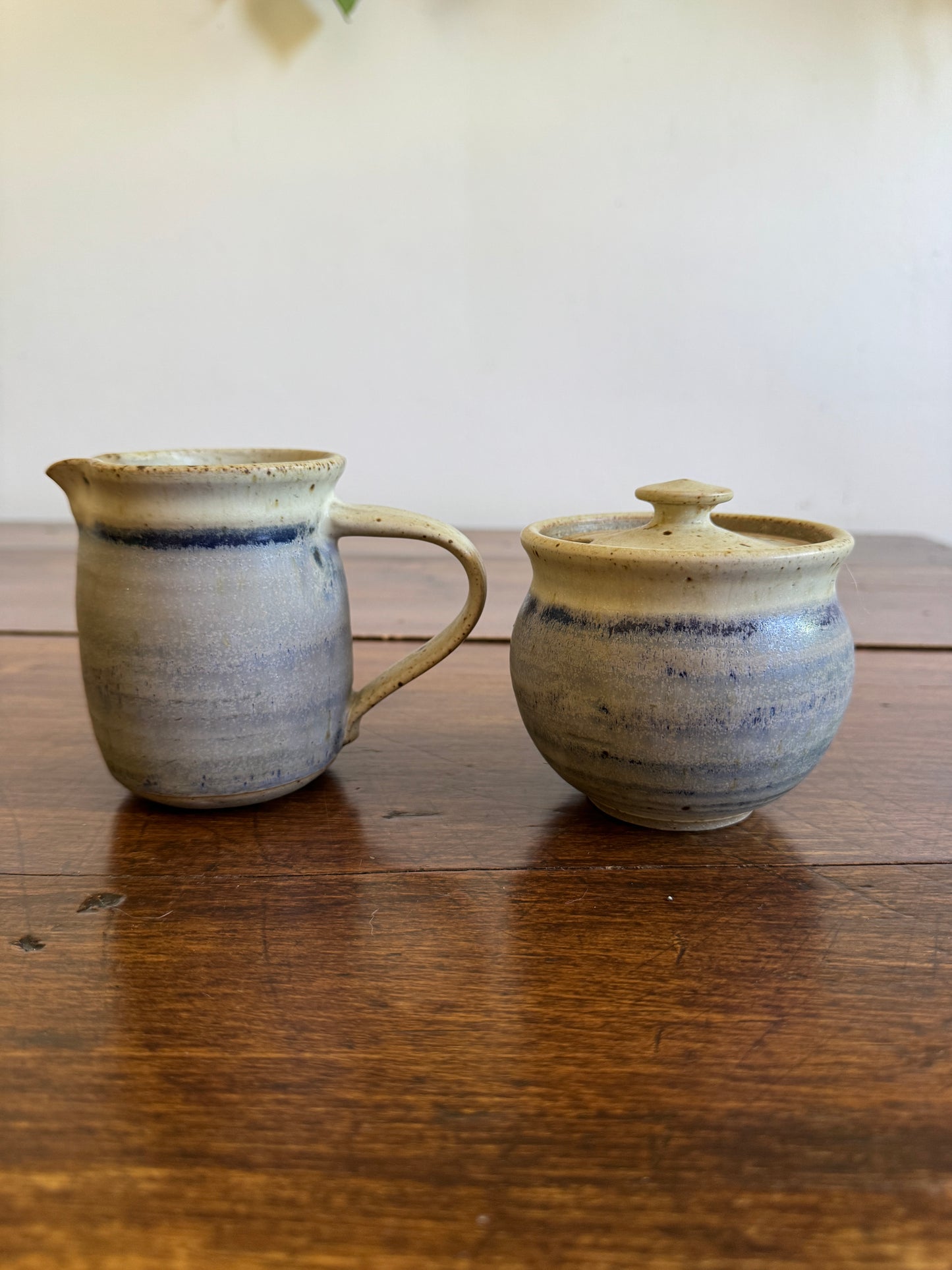 Vintage Pottery Cream and Sugar Dishes with Cream and Blue Colouring