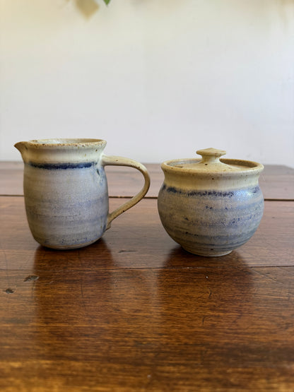 Vintage Pottery Cream and Sugar Dishes with Cream and Blue Colouring