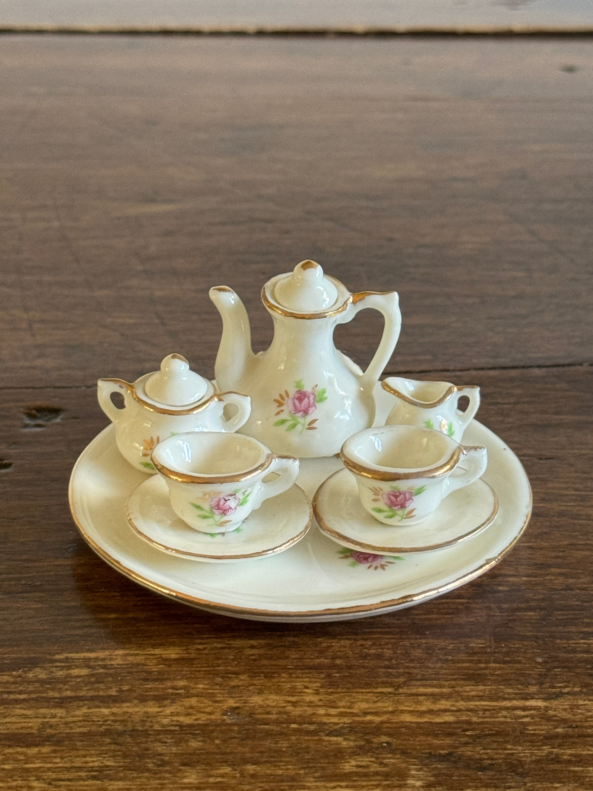 Vintage Unmarked Miniature Tea Set with Dainty Pink Flowers