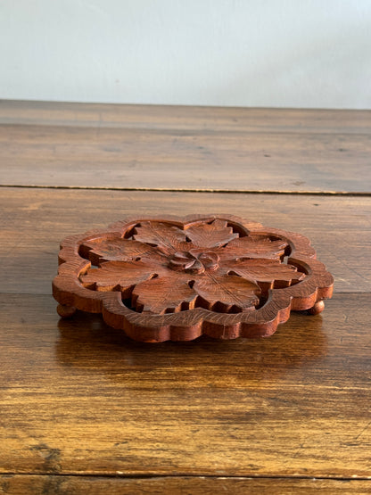 Wood Carved Trivet Raised Stand with Flower Pattern