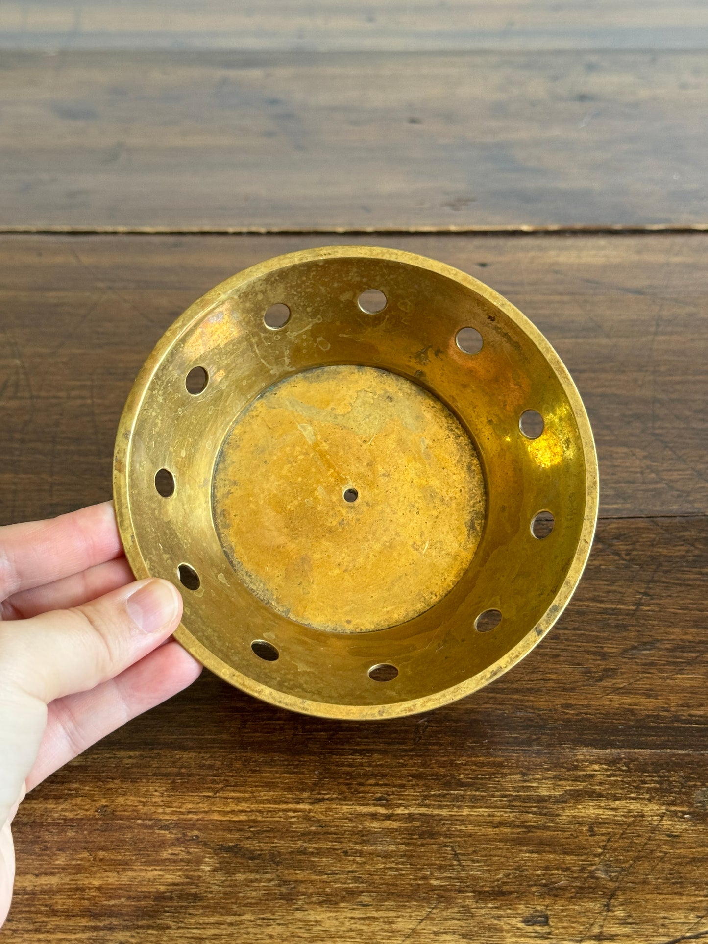 Vintage Brass Trinket Dish with Ring Base and Cutout Side Hole Design