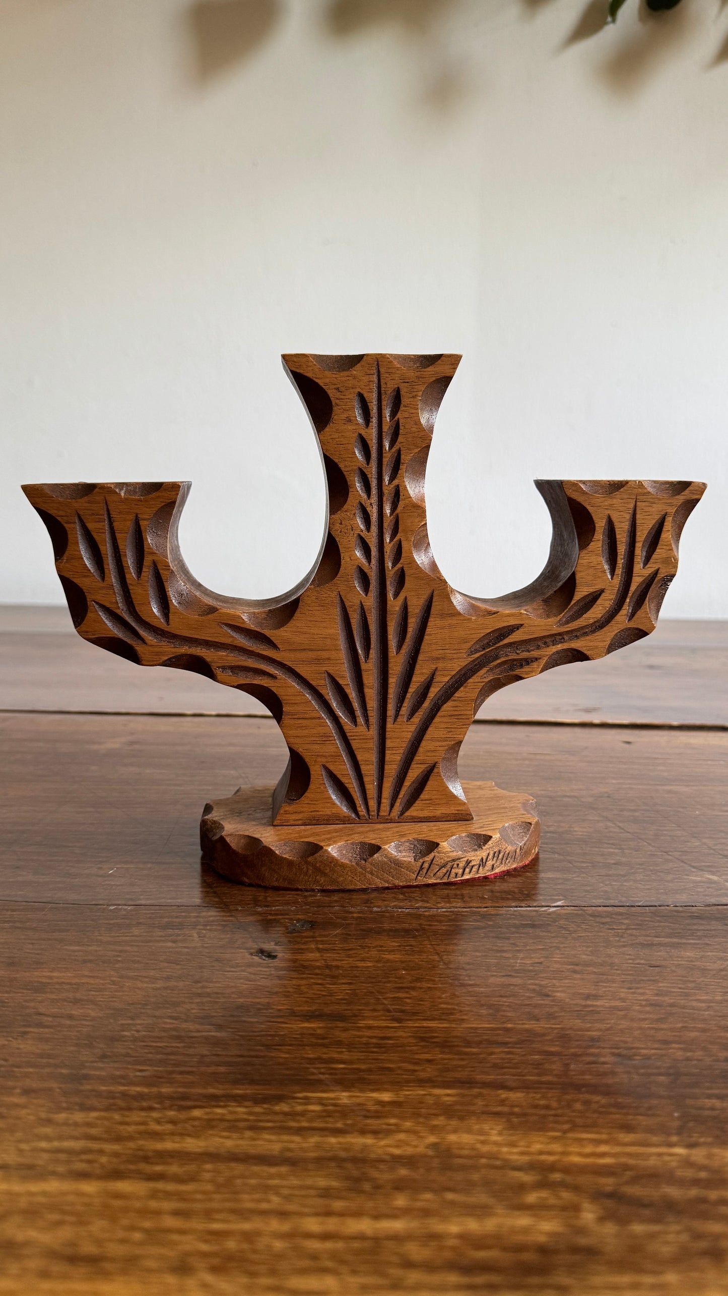 Vintage Wood Folk Art Carved Candelabra