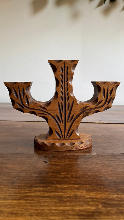 Vintage Wood Folk Art Carved Candelabra