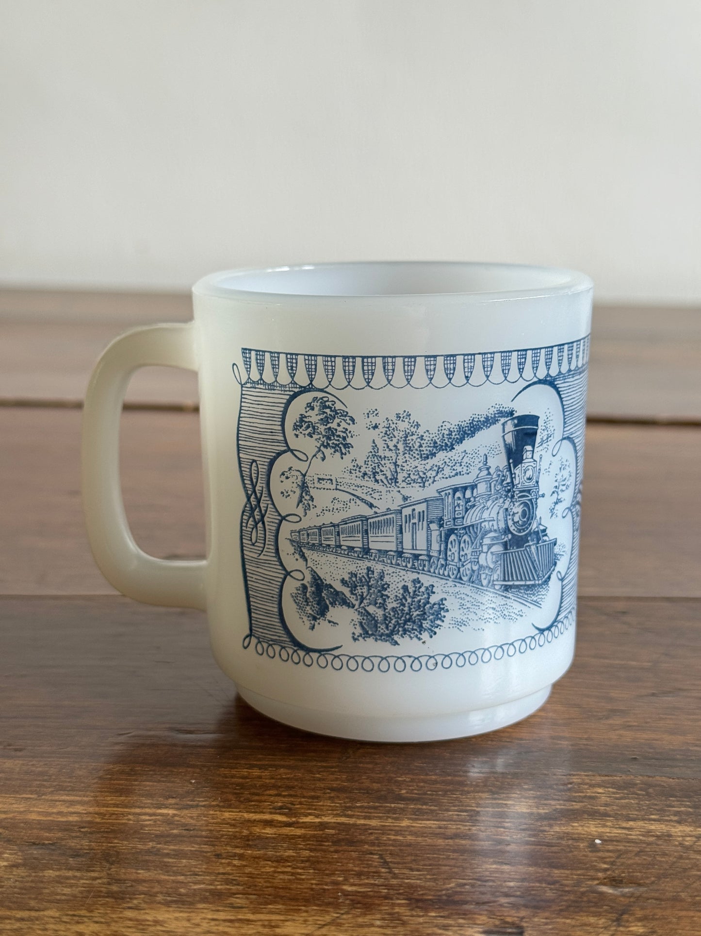 Vintage White Milk Glass Mug with Blue Vintage Train Design