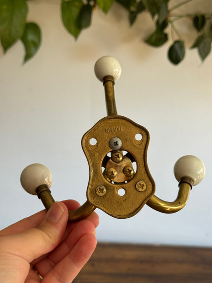 Vintage Ceramic Ball And Brass Wall Hook with Three Hooks