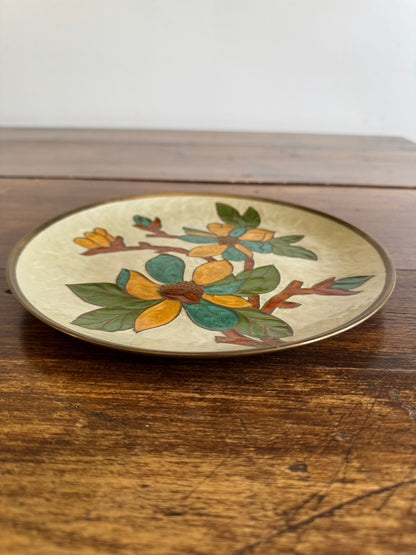Heavy Enamel Brass Wall Plate with Flower and Leaf Design
