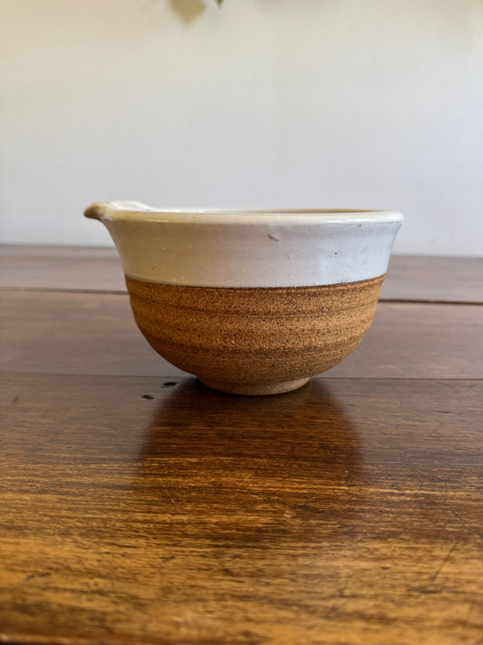 Brown and White Pottery Bowl with Pour Spout