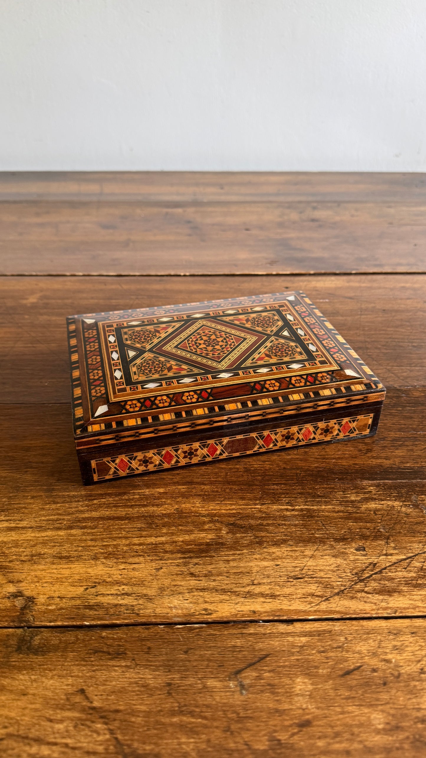 Vintage Inlay Box with Stunning Mother of Pearl Marquetry and Red Felt Inside
