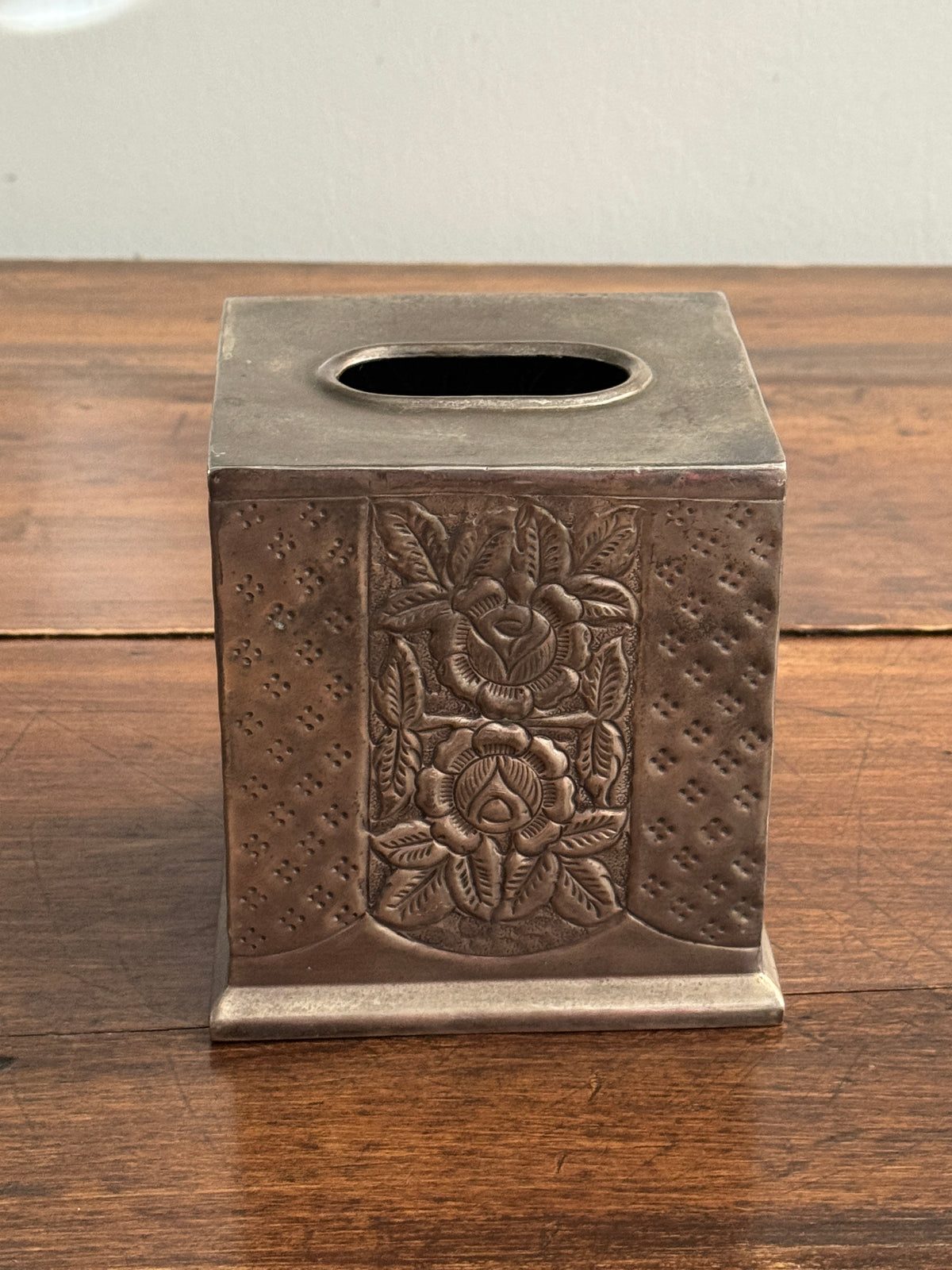Vintage Silver-Plated Square Tissue Box Holder with Ornate Flower Detailing