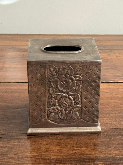 Vintage Silver-Plated Square Tissue Box Holder with Ornate Flower Detailing