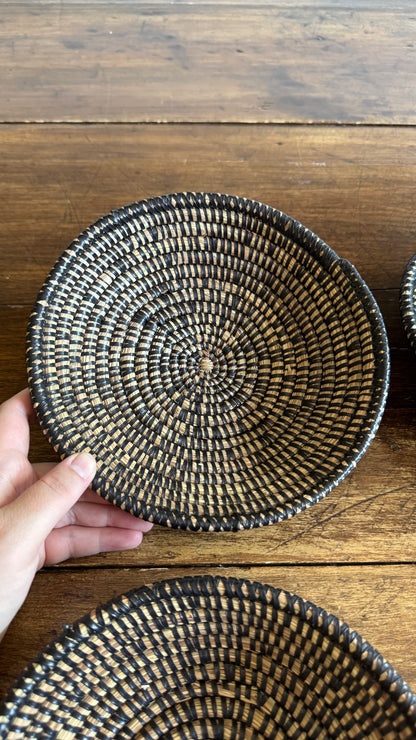Set of Three Woven Sweet Grass Baskets with Black Accents