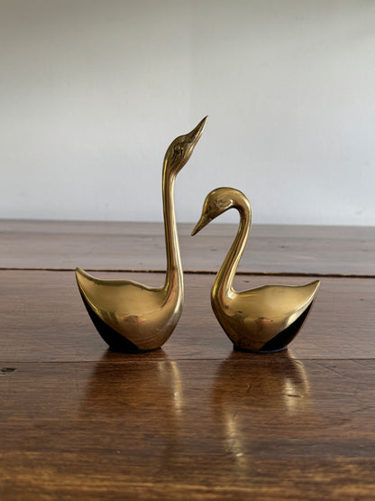 Set of Two Brass Swans with Black Base Detailing - Pair of Brass Birds