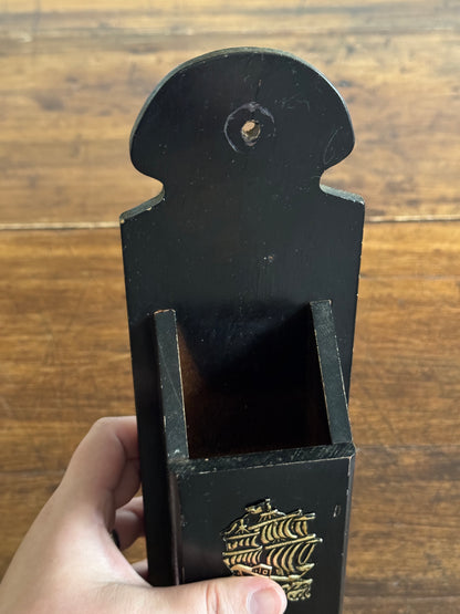 Wooden Nautical Long Match Holder with Ship Embellishment
