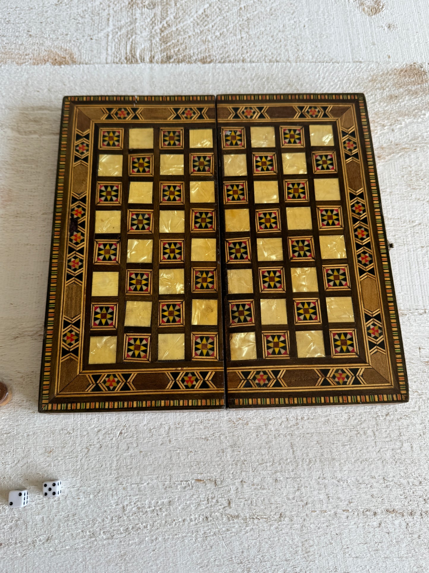 Small Travel Sized Folding Chess and Backgammon 2-in-1 Set with Stunning Marquetry Detailing and Wooden Pieces