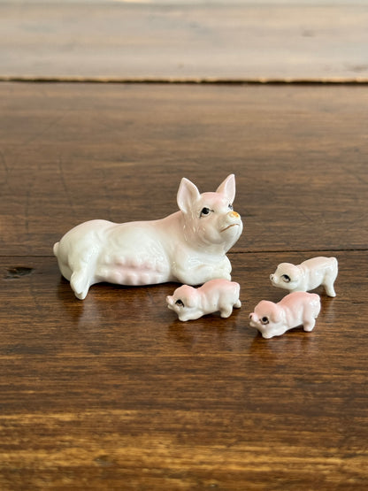Vintage Bone China Miniature Piggies and Momma - Pig and Piglet Set