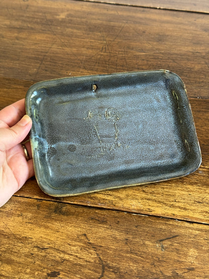 Small Blue Pottery Trinket Dish with Flower Design