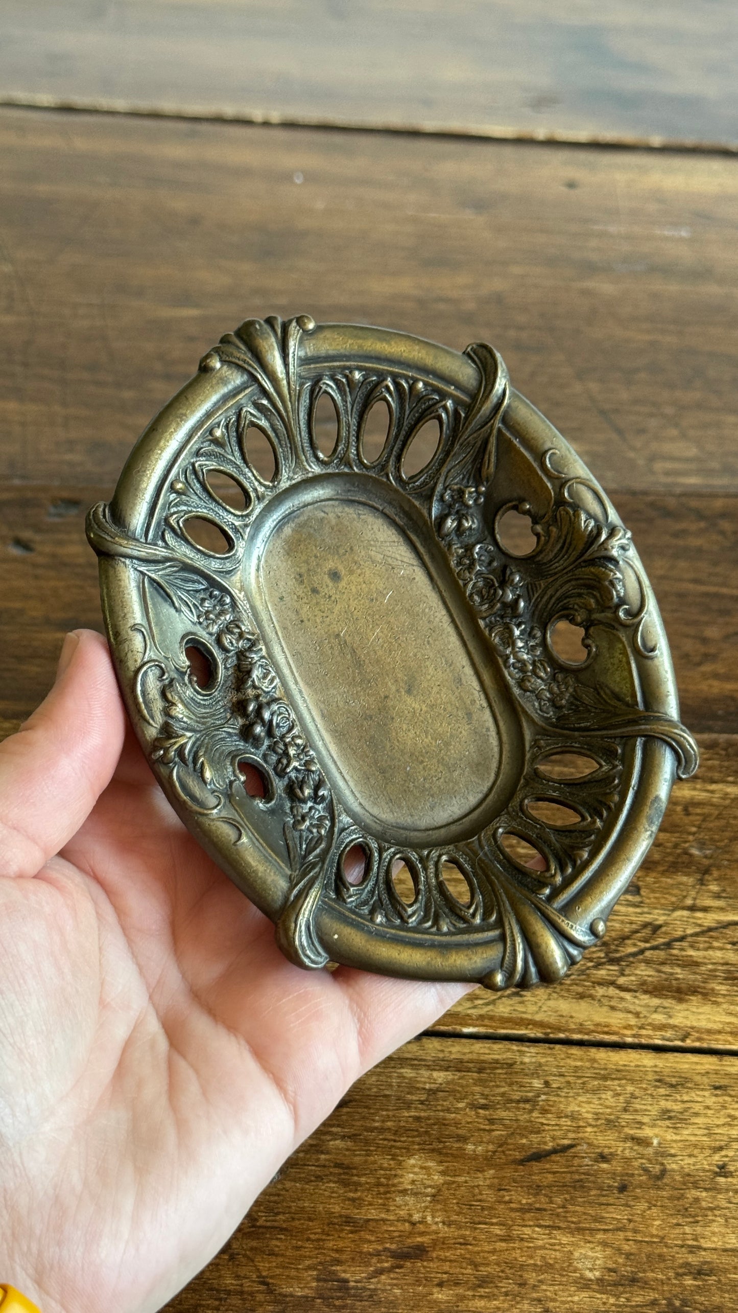 Vintage Embossed Metal Art Nouveau Dish with Ornate Detailing