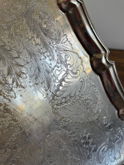 Vintage Large Leonard Silver Plated Over Brass Ornate Serving Platter with Raised Feet and Etched Detailing - Silver Plated Butler Tray