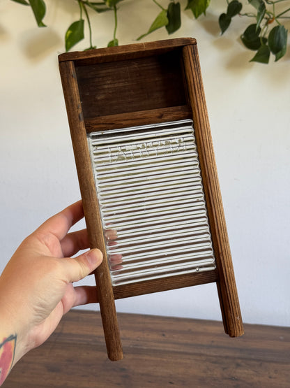 Vintage Small Child Size Wood and Glass Crystal Washboard