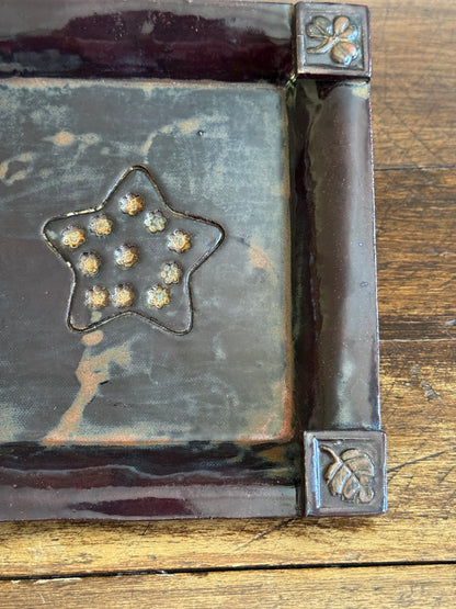 Vintage Folk Art Style Pottery Plate with Star Dish and Corner Embellishments