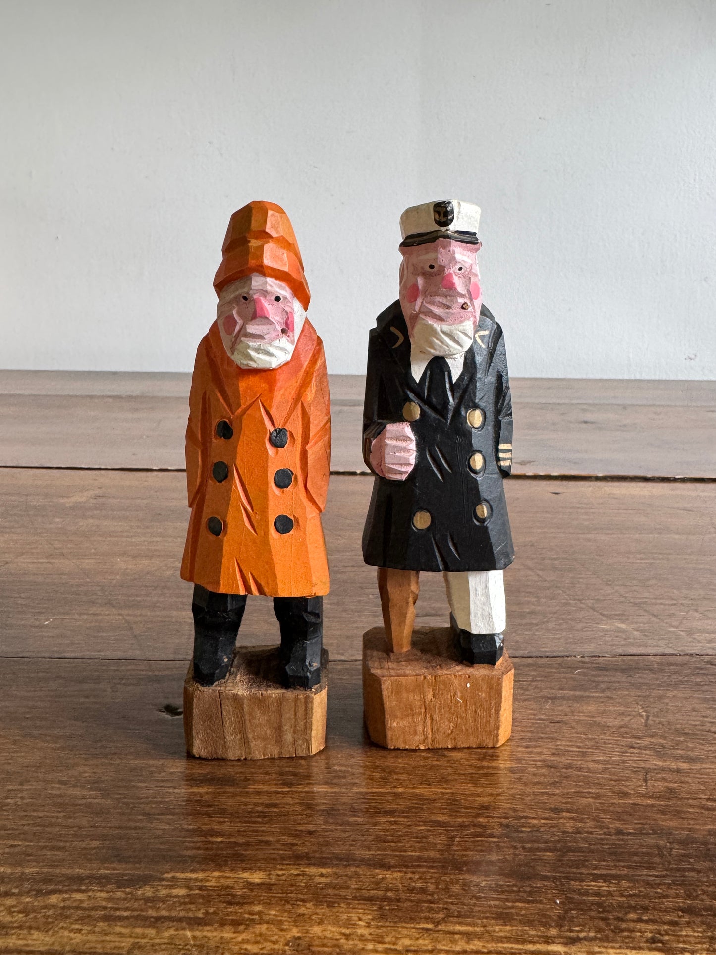 Vintage Set of Two Wood Salty Figurines - Peg Leg Captain and Fisherman