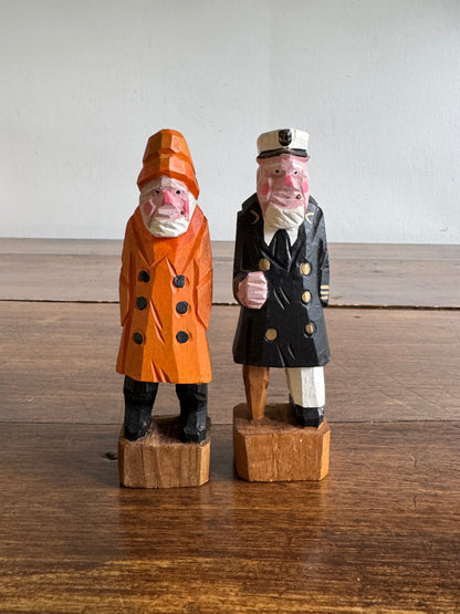 Vintage Set of Two Wood Salty Figurines - Peg Leg Captain and Fisherman