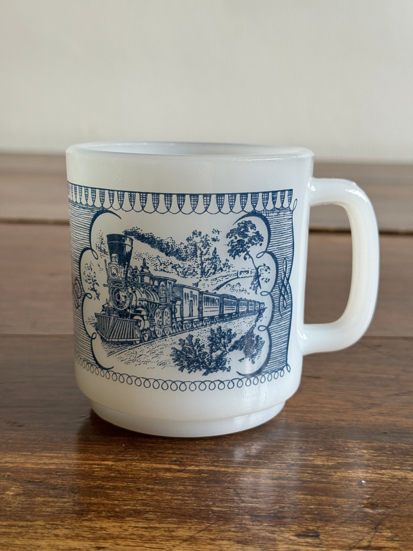 Vintage White Milk Glass Mug with Blue Vintage Train Design