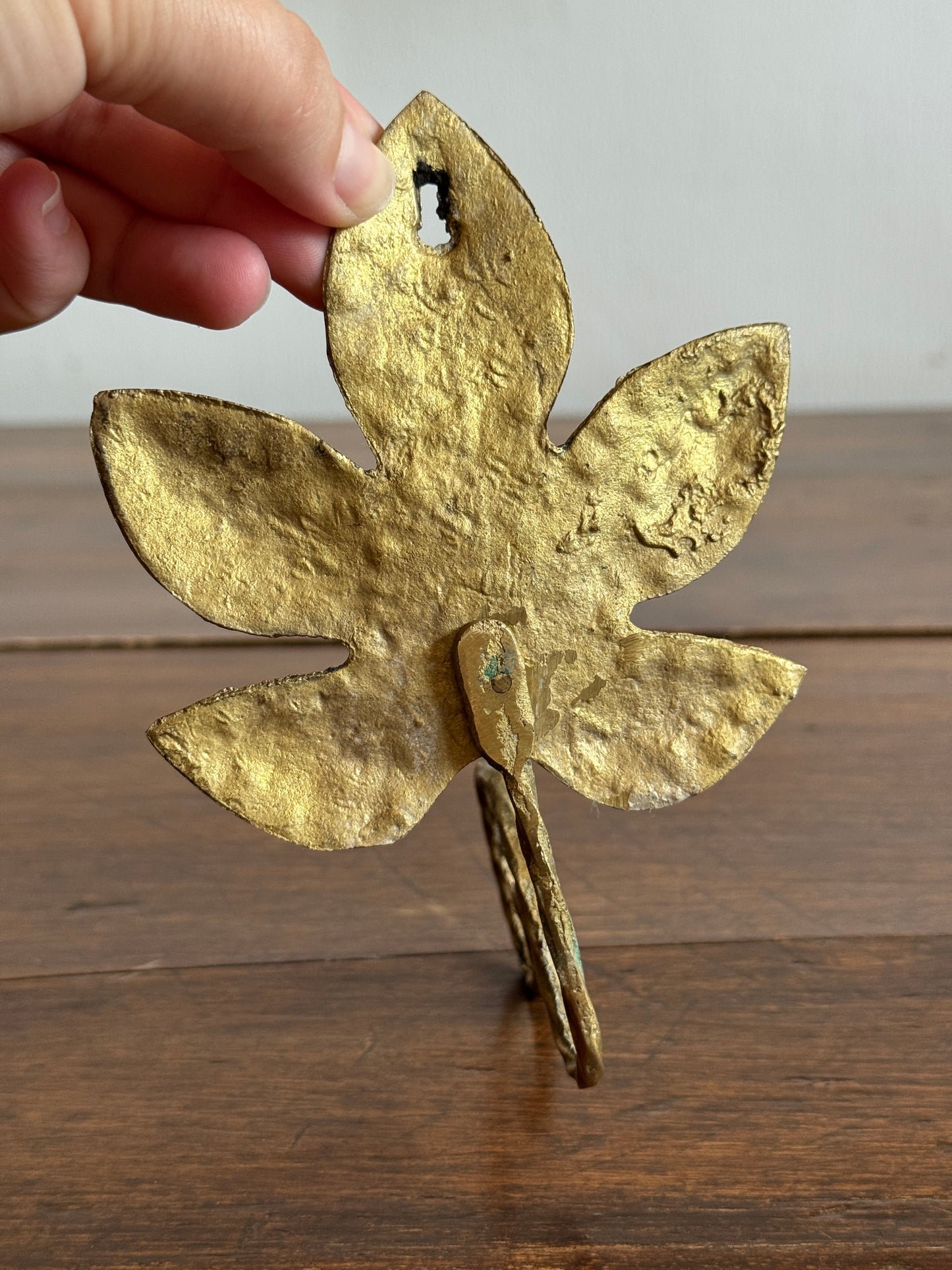 Vintage Cast Brass Leaf Hook with Swirled Hanger