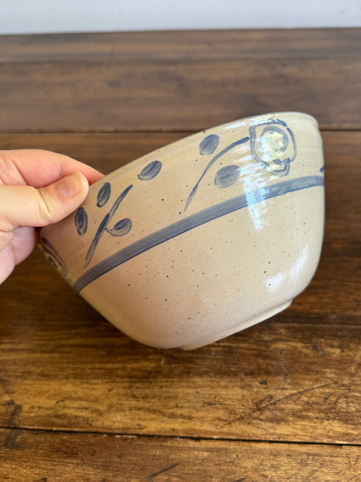 Blue and Cream Pottery Mixing Bowl with Lovely Flower Detailing