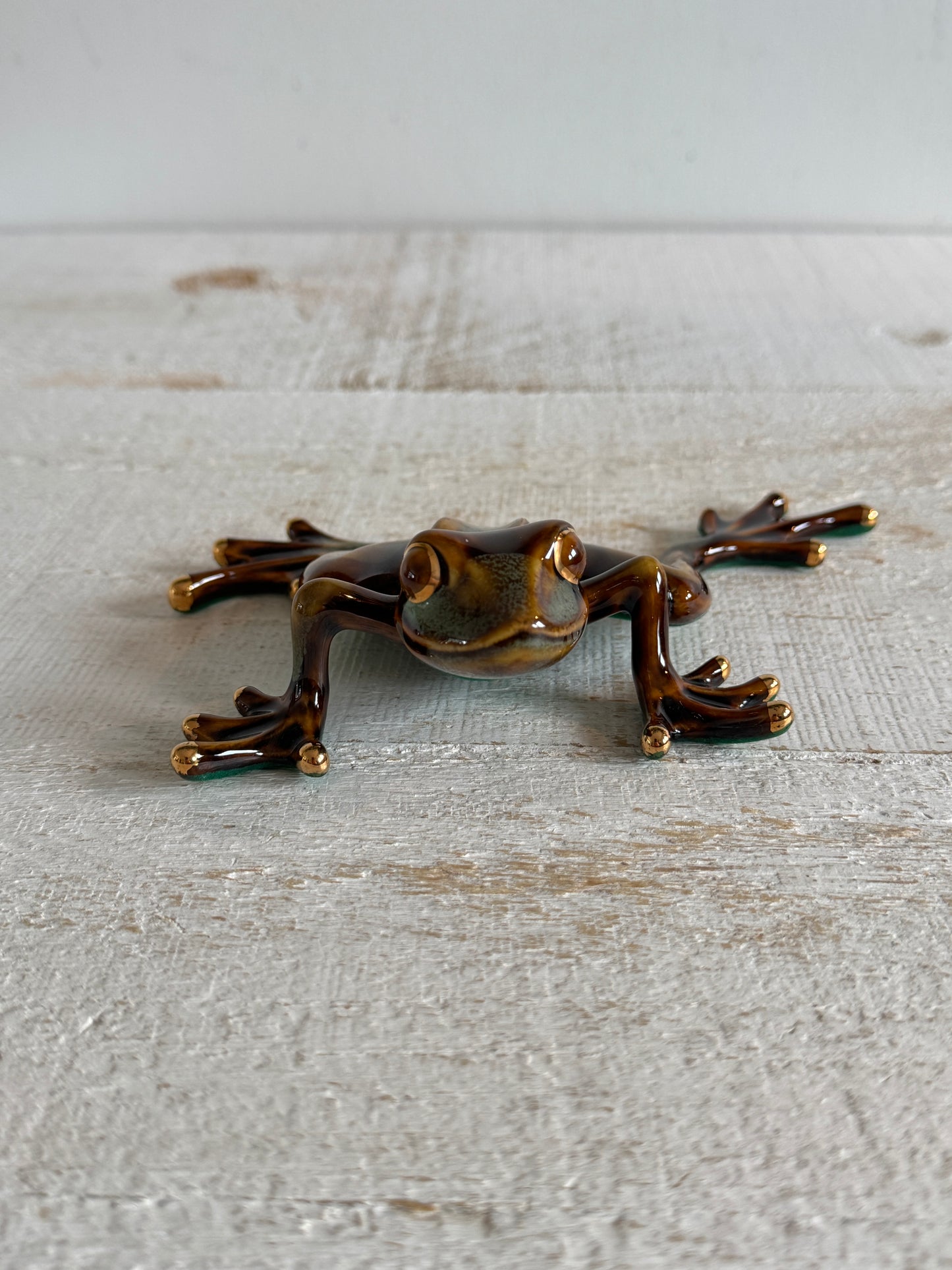Vintage Pottery Frog with Large Feet - Gold and Green Glazed Frog Figurine