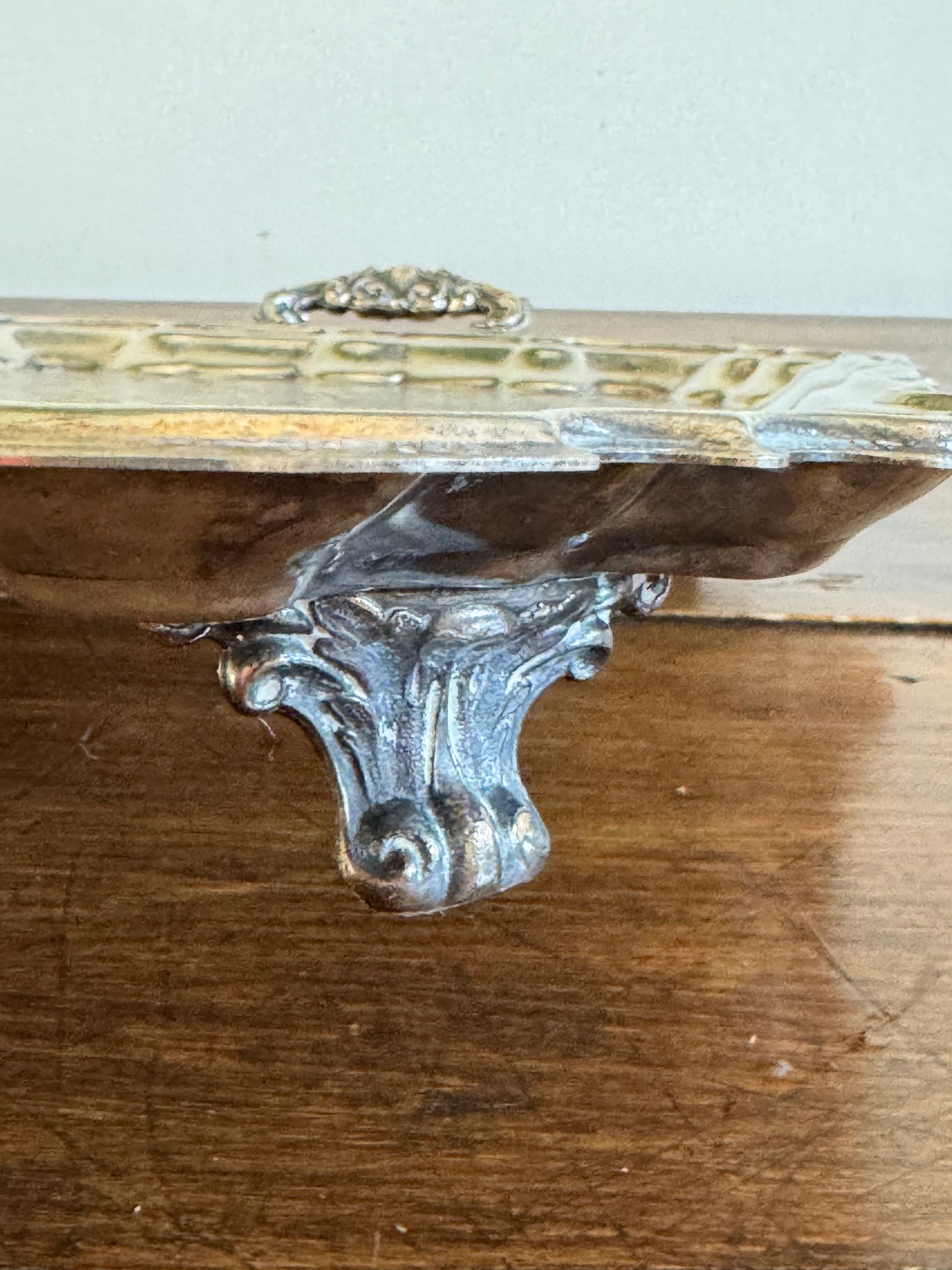 Vintage Large Leonard Silver Plated Over Brass Ornate Serving Platter with Raised Feet and Etched Detailing - Silver Plated Butler Tray