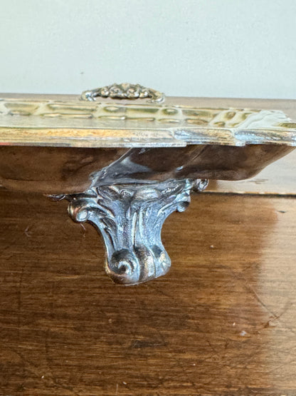 Vintage Large Leonard Silver Plated Over Brass Ornate Serving Platter with Raised Feet and Etched Detailing - Silver Plated Butler Tray
