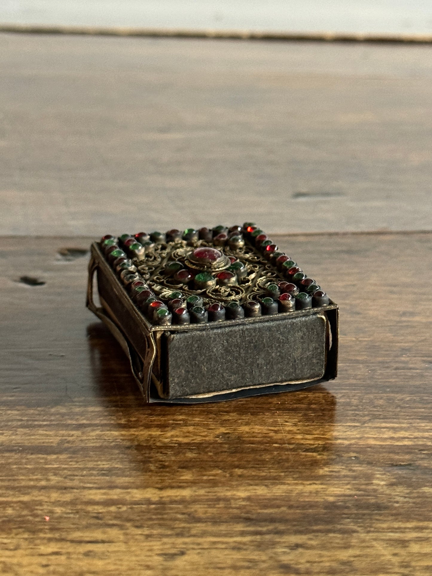 Small Decorative Metal Filigree and Glass Beaded Match Box Cover/Holder