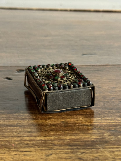 Small Decorative Metal Filigree and Glass Beaded Match Box Cover/Holder