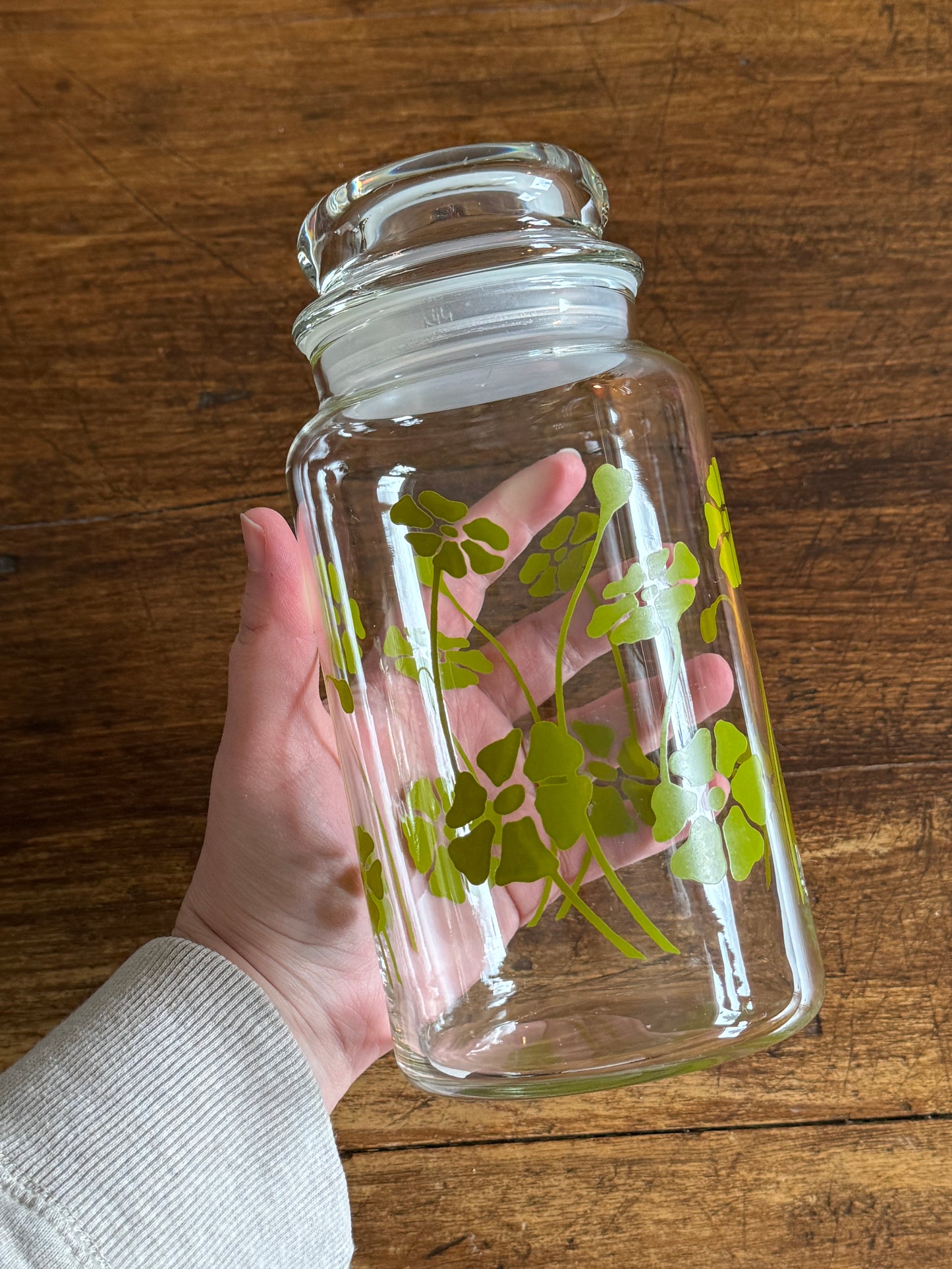USA Glass Storage Jar with Retro Green Flower Design