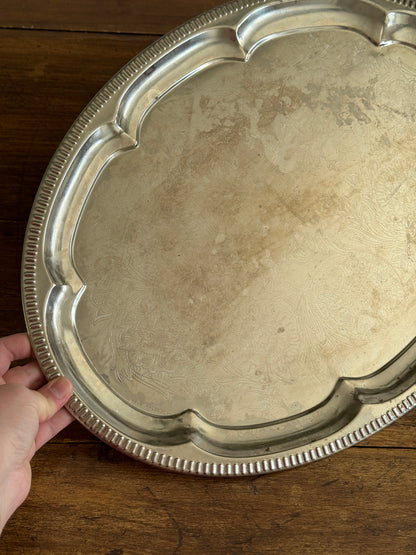 Vintage Silver Tone Large Oval Tray with Scalloped Edge Detailing