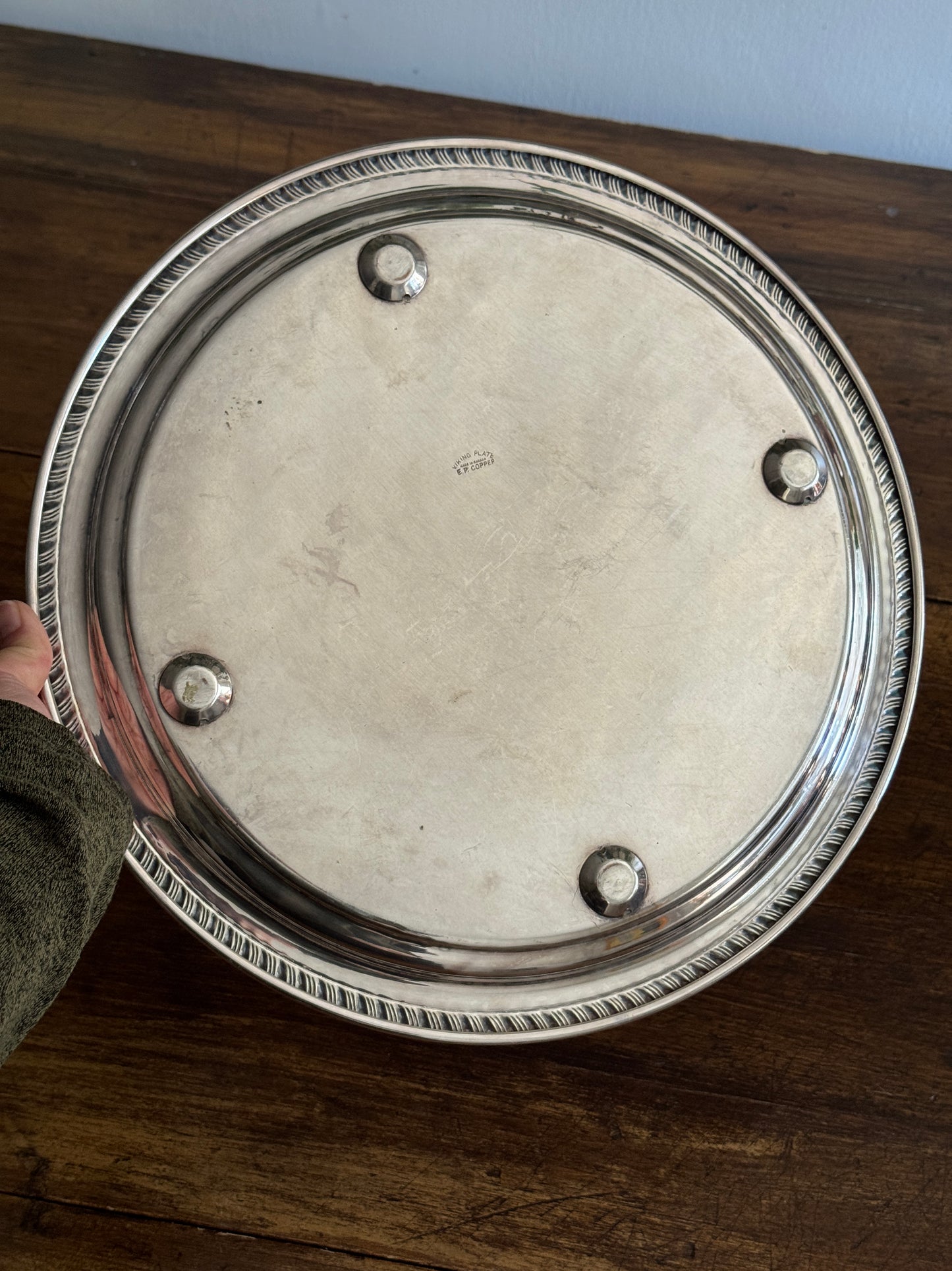 Large Vintage Viking Plate Silver E.P. on Copper Round Tray with Etched Detailing