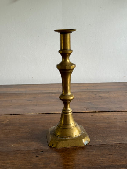Single Large Brass Candlestick with Squared Base and Simple Fluted Post Detailing