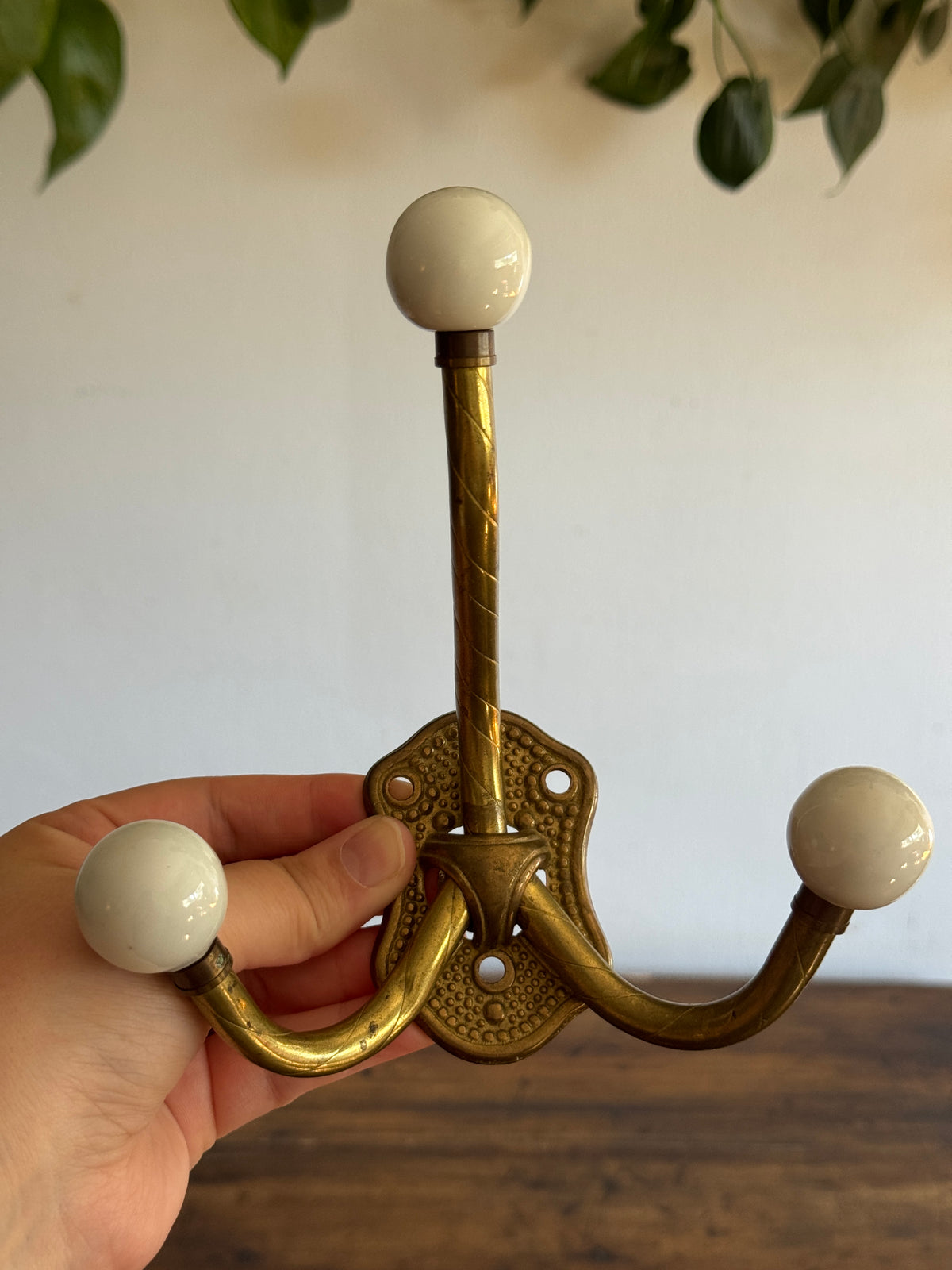 Vintage Ceramic Ball And Brass Wall Hook with Three Hooks