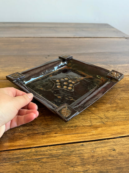 Vintage Folk Art Style Pottery Plate with Star Dish and Corner Embellishments