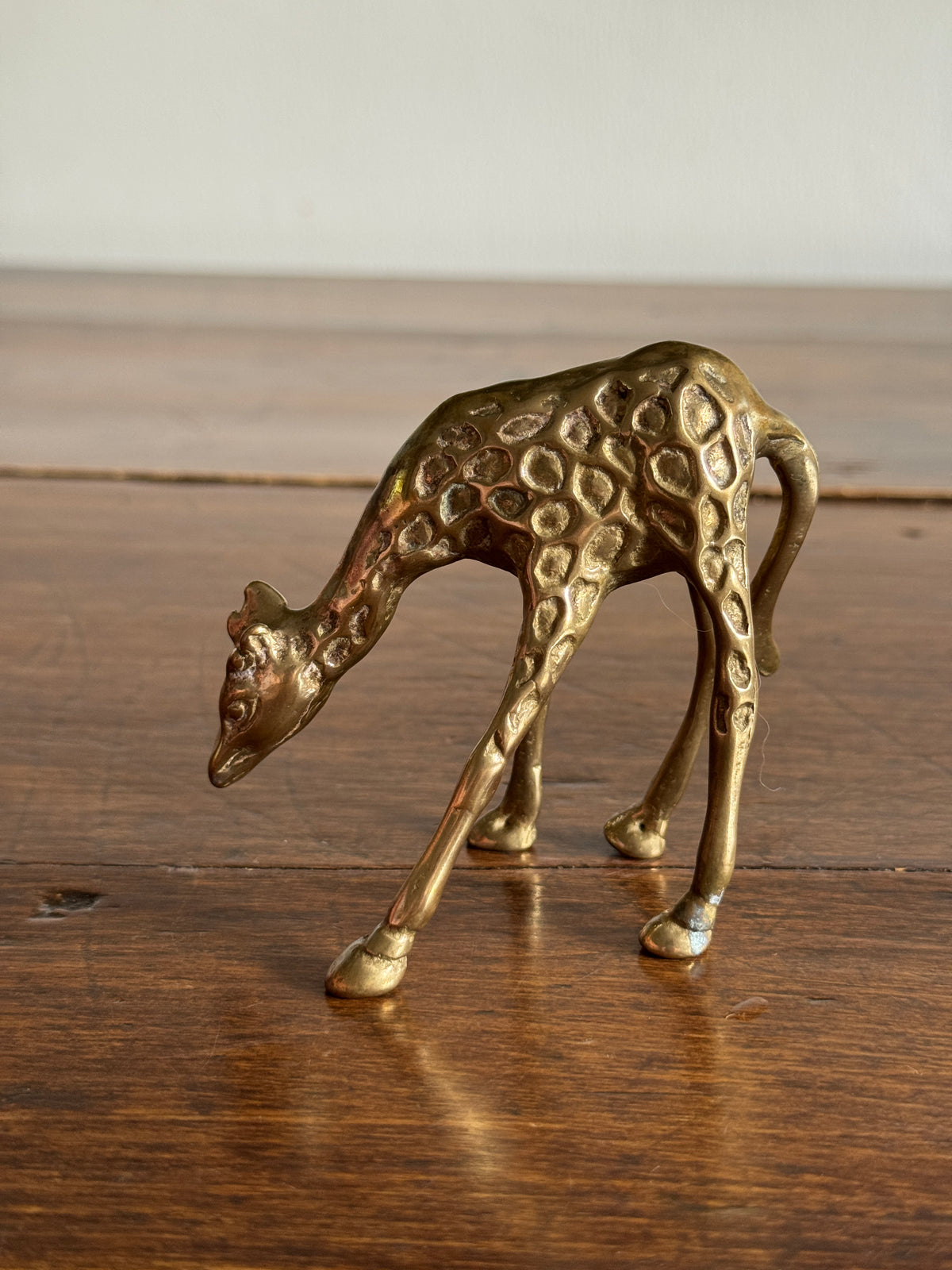 Small Brass Giraffe Figurine - Vintage Brass Grazing Giraffe