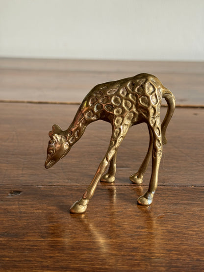 Small Brass Giraffe Figurine - Vintage Brass Grazing Giraffe