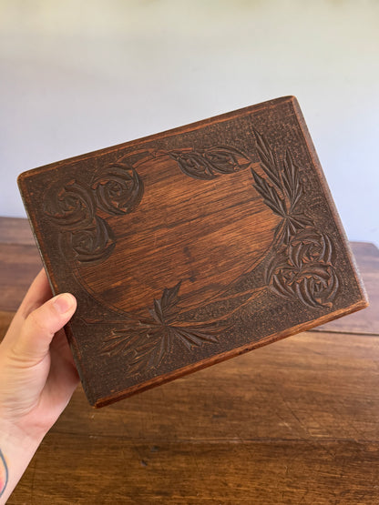 Antique Wood Carved Box with Floral Design and Deep Patina