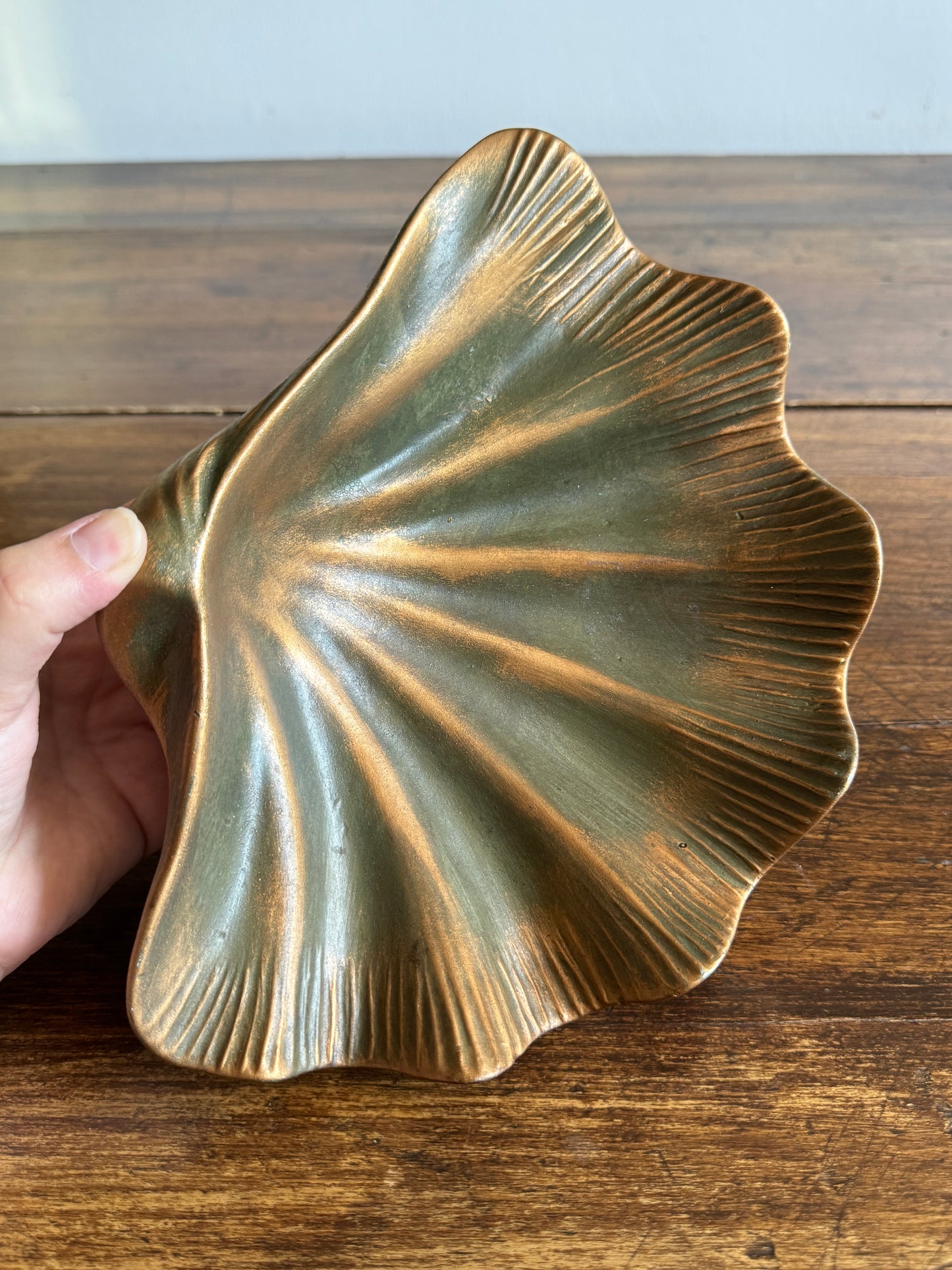 Pottery Shell Shaped Bowl with Faux Metal/Patina Finish - Made in Mexico
