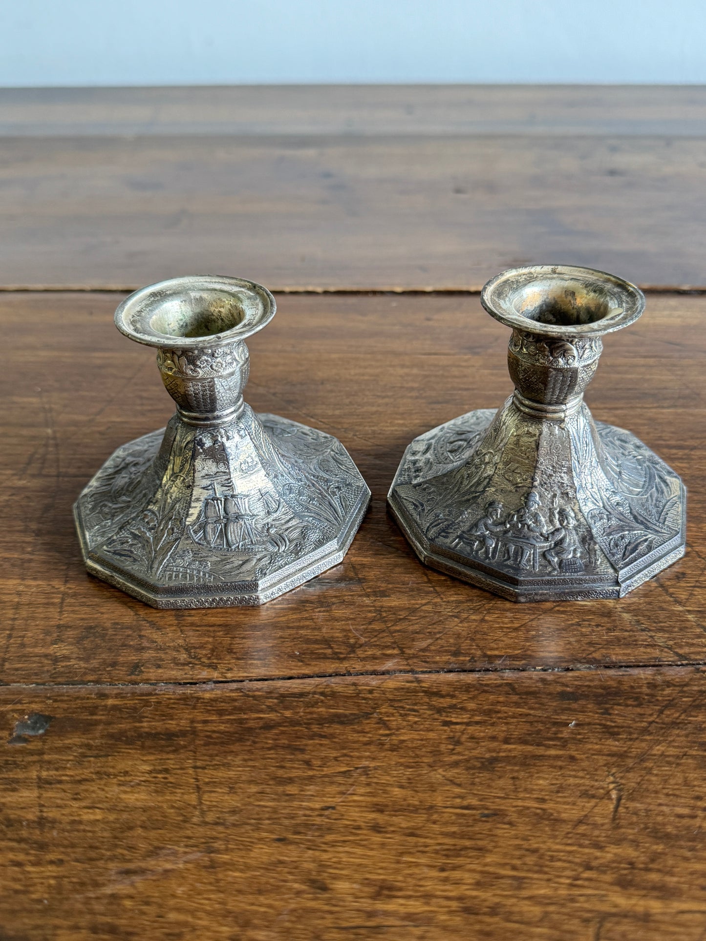 Pair of Etched Silver-Tone Repousse Candle Holders