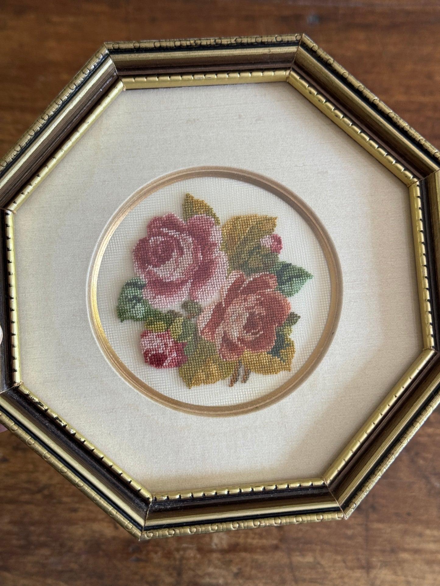 Vintage Petite Point Flower Art in Octagon Frame