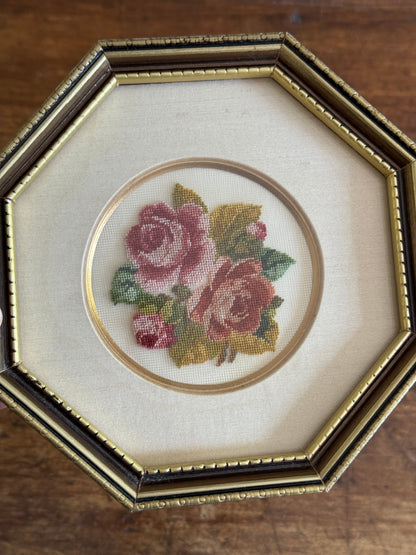 Vintage Petite Point Flower Art in Octagon Frame