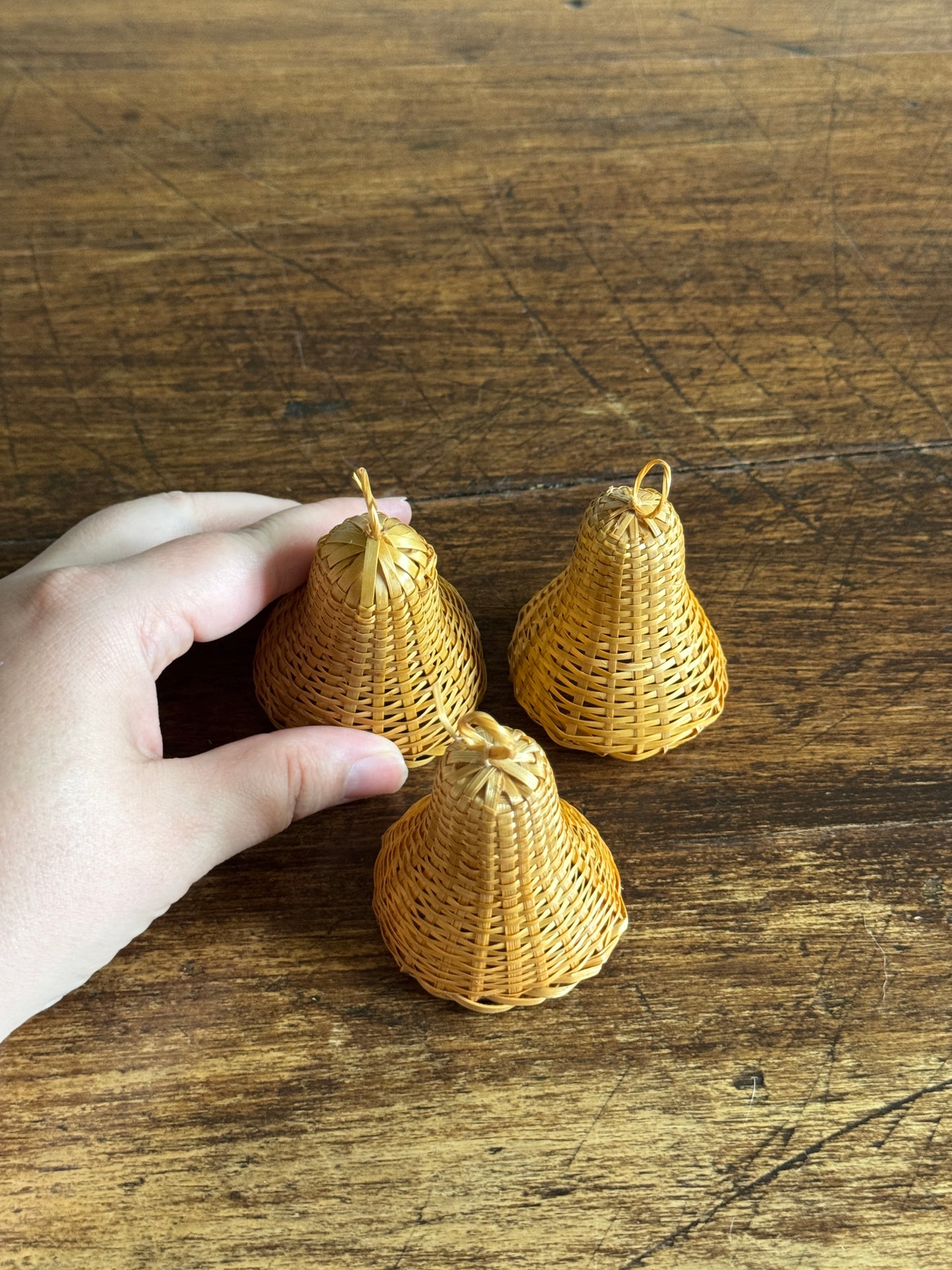 Set of Three Wicker Bells with Woven Bell Clapper and Loop Top