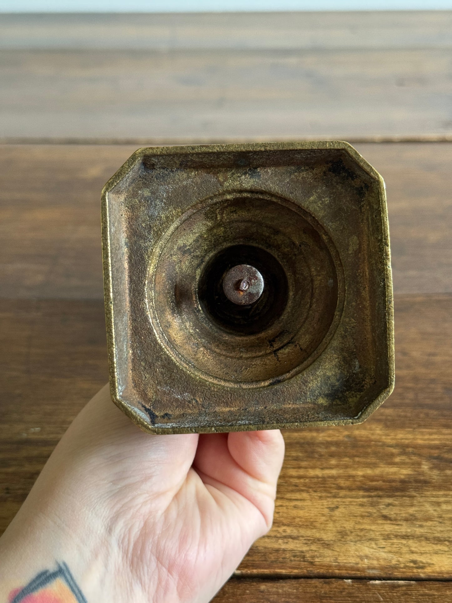 Single Vintage Brass Candlestick Holder with Squared Base and Ornate Post Detailing